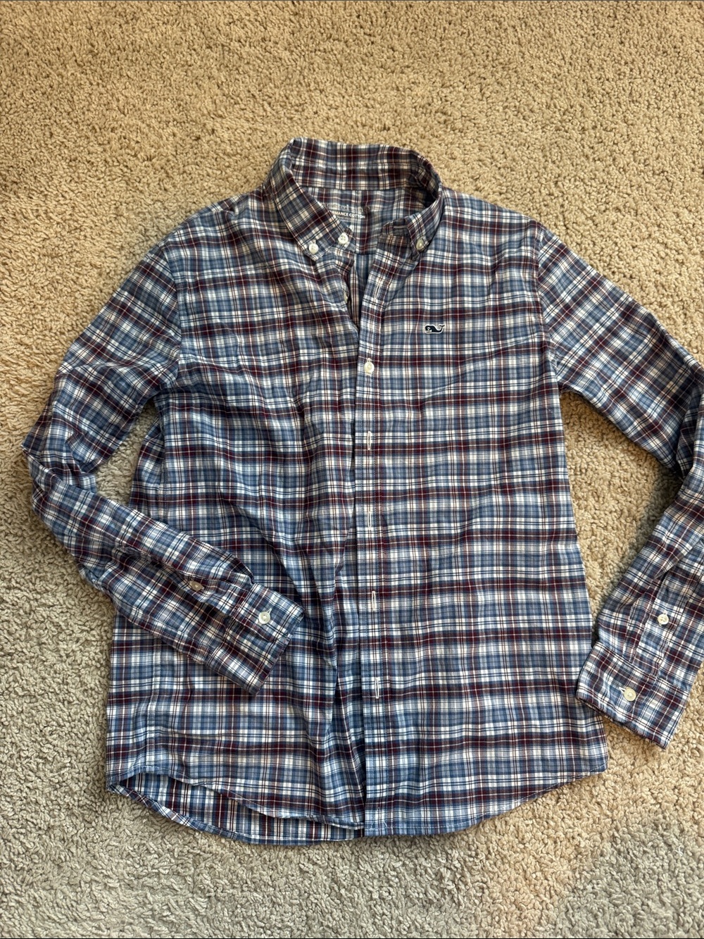 Vineyard Vines Boys Blue White & Burgundy Plaid Button-Down Shirt M (12-14)